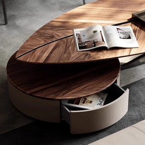 Luxury Coffee Table Designer Style Walnut Wood Irregular Shape With Drawers For Living Room Home Use - Product Image 4