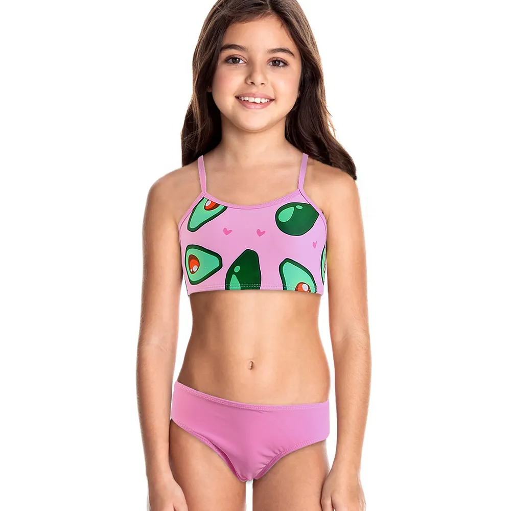 Großhandel Hot Spring Kid Bade bekleidung Benutzer definierte Avocado Muster Halfter Kinder Badeanzug Hohe Taille Drahtlose abnehmbare Pad Kinder Bikini