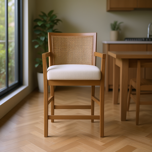Tabouret de comptoir à dossier en cannage, structure en bois, revêtement en lin, chaise de salle à manger moderne, mobilier de maison - Product Image 2