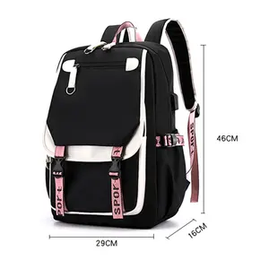 Fengdong grands sacs d'école pour adolescentes port USB toile livre d'étudiant mode noir adolescent sac à dos