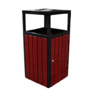 Outdoor Rectangular Wood Waste <b>Bin</b> with Metal Frame and Removable Inner Bucket Classic Style - Product Image 1