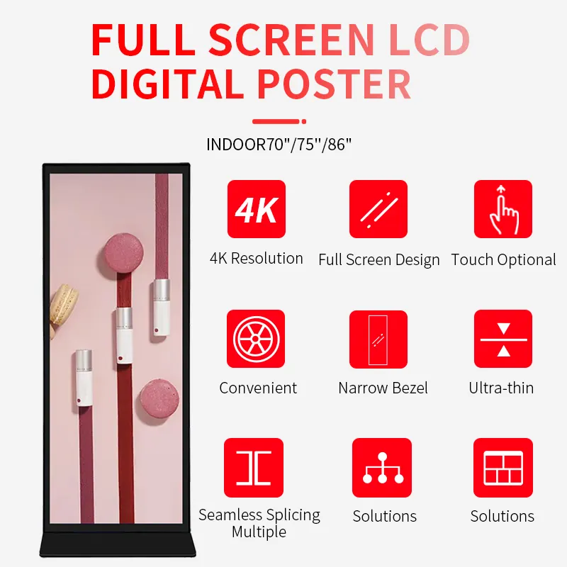 70 75 86 pouces plein écran LCD intérieur affiche Android plancher debout signalisation numérique écran tactile kiosque publicité