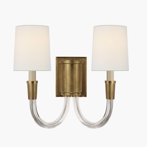 Applique murale double à 2 lumières en nickel poli, bras en verre courbé en U, abat-jour en lin, pour miroir de salle de bain, homologuée - Product Image 2