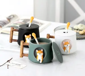 Cerâmica bonito desenhos animados animais 3d copo café tampa colher caneca do presente conjunto com colher e tampa para casal