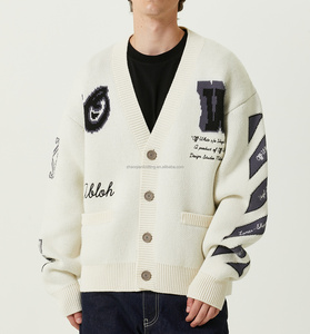 Cardigan ample en tricot intarsia à <span class=keywords><strong>col</strong></span> en <span class=keywords><strong>V</strong></span> pour <span class=keywords><strong>homme</strong></span> ZQ, en <span class=keywords><strong>coton</strong></span> et laine, brodé, pour l'hiver - Product Image 1