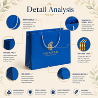 Sac shopping en papier bleu de luxe avec logo en feuille d'or, poignée en corde blanche, emballage cadeau personnalisé pour la vente au détail HONPAK
