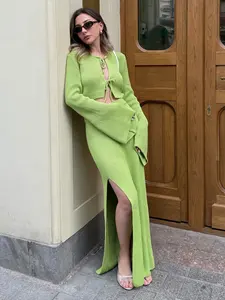 Blubelle kadın rahat 2-Piece Set sonbahar örgü dantel uzun kollu trompet kollu hırka & bölünmüş diz boyu etek kış için - Product Image 3