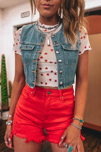 Top de Malla de Manga Corta con Estampado de Corazones Rojos para Mujer, Ropa al por Mayor Dear-Lover - Product Image 5