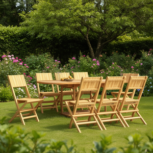 Set di 8 sedie da giardino pieghevoli in legno massello di teak, design rustico, gambe affusolate, colore marrone - Product Image 2