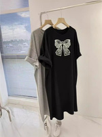 Robe T-shirt décontractée pour femme, grande taille, imprimée avec nœud, mi-longue, ample, amincissante, à manches courtes