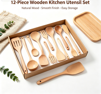 Ensemble de 12 ustensiles de cuisine en bois de hêtre, spatule et cuillère en bois naturel, résistants à la chaleur, pour poêles antiadhésives