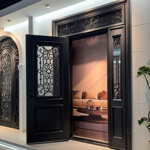 Puerta Clásica de Hierro Forjado Negra <span class=keywords><strong>para</strong></span> Patio <span class=keywords><strong>Exterior</strong></span> <span class=keywords><strong>con</strong></span> Luces Laterales y Travesaño, Puerta de Vidrio de Hierro Forjado <span class=keywords><strong>para</strong></span> Patio Trasero - Product Image 3