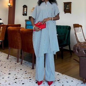 เสื้อเชิ้ตลายทางแขนสั้นลำลอง กางเกงขายาวเอวสูงทรงขากว้าง สไตล์แอฟริกันใหม่ ชุดแฟชั่นผู้หญิง 2 ชิ้น - Product Image 3