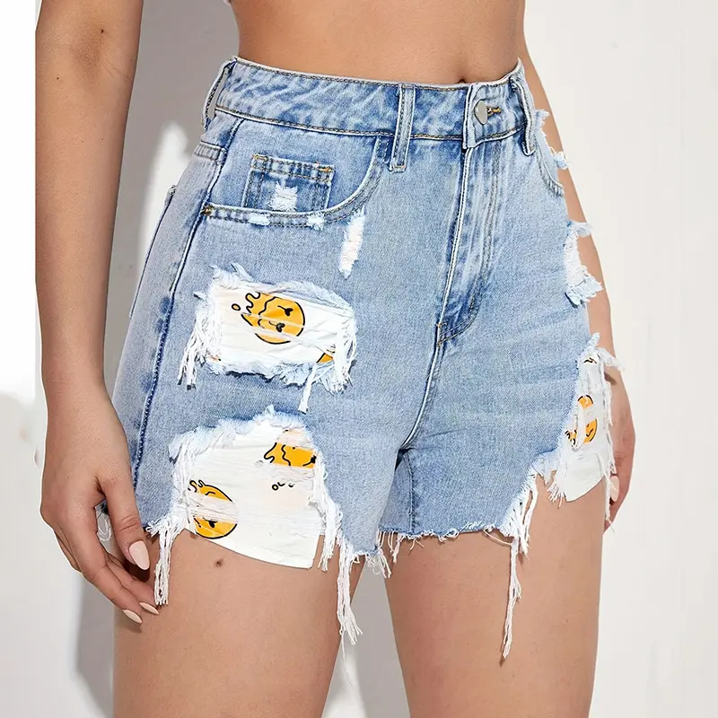 Printed denim shorts women's high waist slimming sexy loose mini jeans