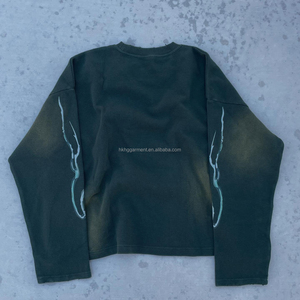 T-shirts décontractés surdimensionnés à impression numérique personnalisée, t-shirt en tricot gaufré vert foncé vintage à manches longues pour hommes - Product Image 3