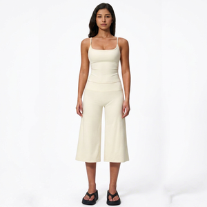 Women High Waist Yoga Set <b>Tank</b> <b>Top</b> and Culotte Outfit Solid Color <b>Spaghetti</b> <b>Strap</b> Seamless Breathable Elastic Waist Fitness Wear - Product Image 4