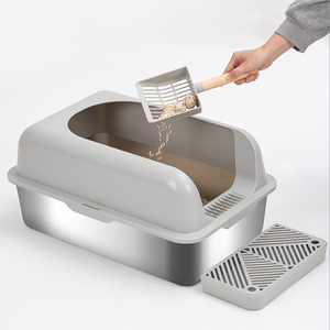 Caja de arena para gatos de gran capacidad, bandeja de acero inoxidable semicerrada con lado <span class=keywords><strong>alto</strong></span>, caja de arena para gatos con cuchara, inodoro para mascotas - Product Image 1