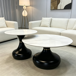 Ensemble de tables basses rondes modernes, plateau en marbre, base en métal noir, meubles contemporains pour salon - Product Image 5