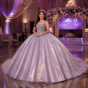 Robe de bal de Quinceañera à larges bretelles couleur lavande Dy6968, jupe en tulle pailletée avec rayures or bronze Jancember - Product Image 1