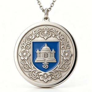 Médaille circulaire plaquée argent avec bouclier en émail bleu et motif floral pour l'occasion de remise des diplômes - Product Image 5