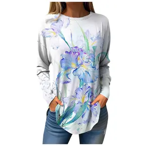 2024 Hot Selling Floral Print Women T-shirts Long Sleeve Crew Neck Top Spring Summer Casual T-Shirts For Women