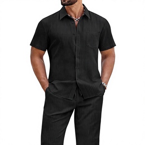 Conjuntos de 2 Piezas Casuales <span class=keywords><strong>y</strong></span> Transpirables para Hombre, Verano, Sólidos, 100% Fibra de Bambú, <span class=keywords><strong>Camisa</strong></span> de Manga Corta con Botones, Pantalones Holgados, Conjuntos para Vacaciones en la Playa - Product Image 1