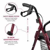 Déambulateur en aluminium avec siège et repose-pieds pliables, rouge, 4 roues, aide à la marche pour les personnes âgées