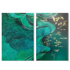 纹理波纹抽象手工2pcs瓶绿色抽象组油画帆布装饰金箔鸟油画
