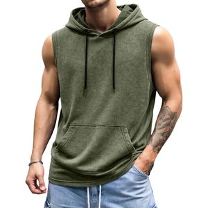 FOXA Mens Sleeveless Hoodie Tank <b>Top</b> Cotton Muscle Workout Gym Streetwear Shirt With Pocket Breathable French Terry - Product Image 1