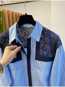 Camicia da <span class=keywords><strong>donna</strong></span> a maniche lunghe a righe blu stile etnico, vestibilità ampia, nuova collezione Autunno 2026 - Product Image 5