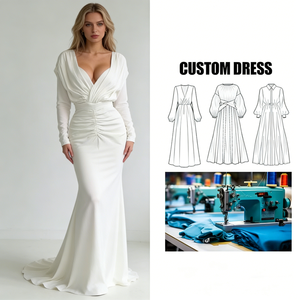 <span class=keywords><strong>Robe</strong></span> <span class=keywords><strong>de</strong></span> soirée/mariage sur mesure en satin blanc, col en V profond, manches longues, taille froncée, traîne sirène - Product Image 1