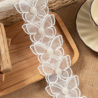 Encaje Bordado Erkoumi de 5.5-8CM, Lazo Doble Blanco Simple en 3D, Hecho a Mano con Cuentas de Organza, para Vestidos de Novia y Sombreros