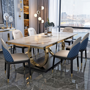 Ensemble <span class=keywords><strong>de</strong></span> Meubles <span class=keywords><strong>de</strong></span> Luxe pour <span class=keywords><strong>Salle</strong></span> à <span class=keywords><strong>Manger</strong></span>, Table à <span class=keywords><strong>Manger</strong></span> en Marbre et Métal avec <span class=keywords><strong>6</strong></span> Chaises, Fabriqué à Foshan, Tables et Chaises pour Restaurant - Product Image 1