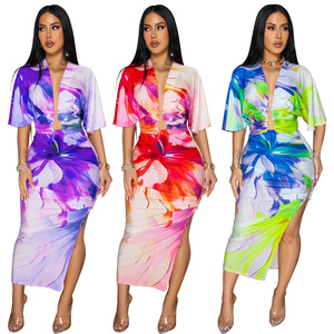 X20128 Vestido de Verano Casual y Sexy para <span class=keywords><strong>Mujer</strong></span>, Conjunto de Dos Piezas con Falda Estampada Floral y Abertura Lateral, Venta al Por Mayor - Product Image 1