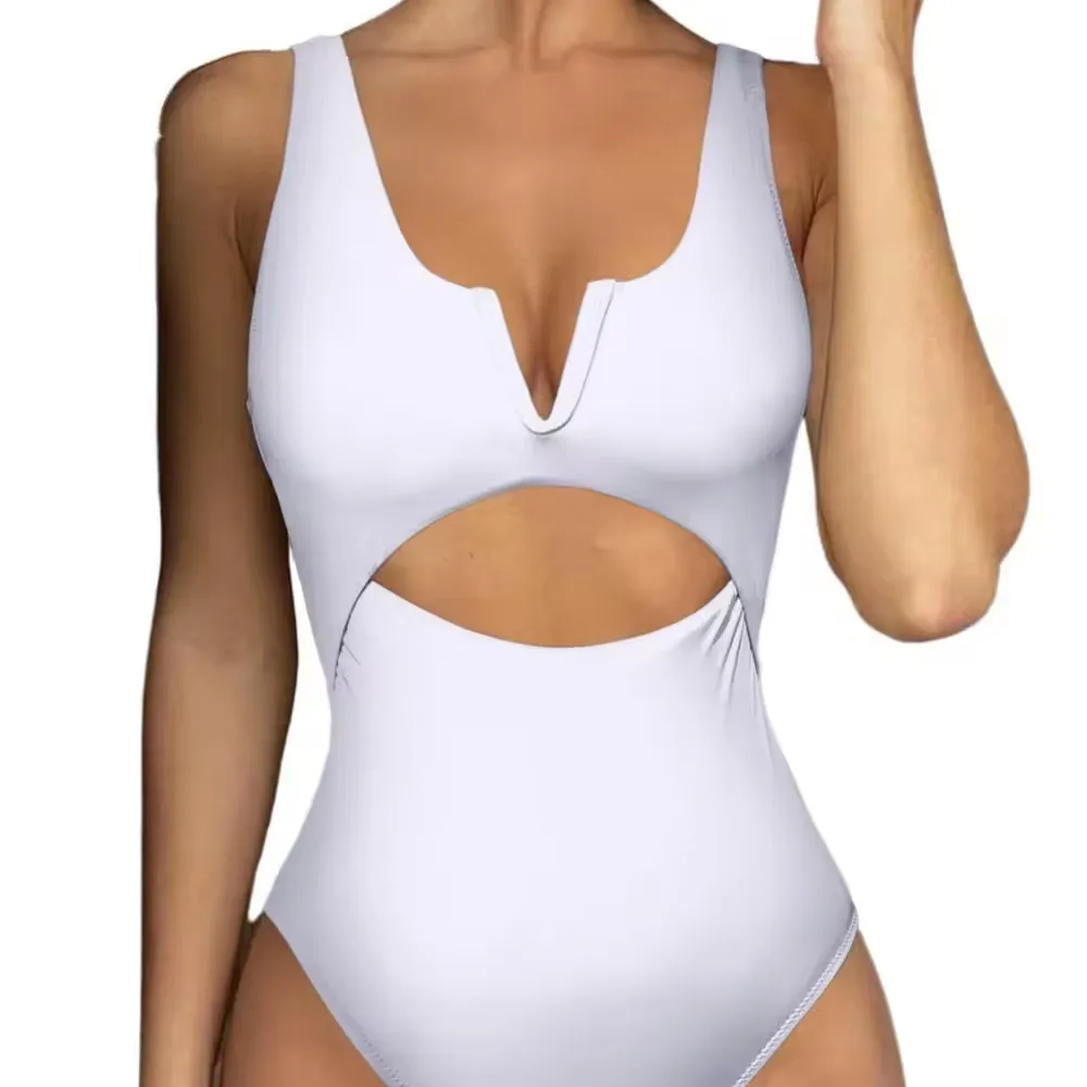 2024 new one-piece plain color splicing sexy V-neck one-piece swimsuit hollow bikini