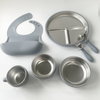 Ensemble de repas pour enfants en acier inoxydable 304, comprenant des assiettes à ventouse, une tasse pour tout-petits avec fourchettes et cuillères en silicone amovibles, et un bavoir de poche.