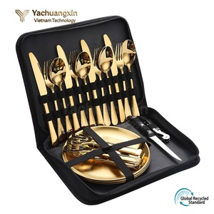 Ensemble de couverts en acier inoxydable doré pour 4 personnes, vaisselle portable avec étui à fermeture éclair, cuillère, fourchette, couteau, baguettes - Product Image 3