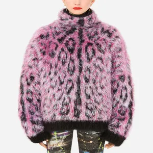 2022 Customized Women Winter Leopard Print Jacquard Turtlen Fur Coat Warm Outwear Clothing Casual