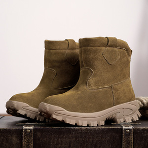 Bottes de neige doublées de laine, épaisses, antidérapantes, semelle en caoutchouc, cuir de vachette, talon moyen, pour l'hiver et les activités de plein air - Product Image 2