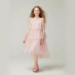 Wholesale Children's Party Wear Princess Dress Summer Ruffle Sleeves Beaded Flower Girls Tulle Layered Dresses For Wedding