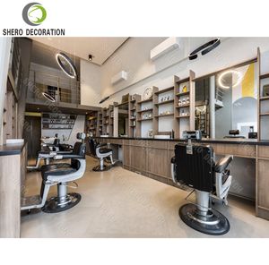 High End Barber Shop Design Custom Barber Shop Mirror Station With Lighting Retail Wooden <b>Salon</b> Display Cabinet - Product Image 1