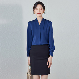 V-neck Shirt For Women Black Long Sleeve Office Wear Polyester Blouse Solid Color Formal Top - Product Image 3