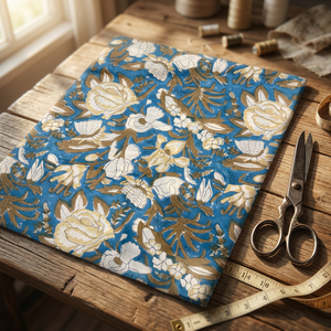 Tissu non tissé 100 % coton peigné de qualité supérieure, 100 GSM, imprimé floral bleu, léger, écologique, matière organique pour robes - Product Image 5