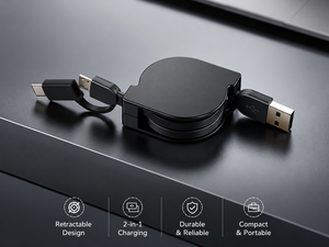 Cavo di Ricarica Retrattile <span class=keywords><strong>2</strong></span> in <span class=keywords><strong>1</strong></span>, Ricarica Rapida USB Tipo C e Micro USB, Cavo Universale per iPhone e Android - Product Image 1