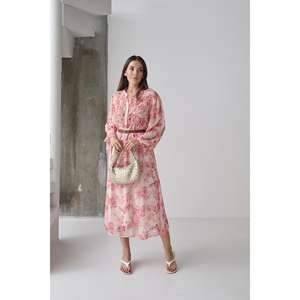 Vestido Casual con Estampado Floral Rosa, Cuello con Solapa, Silueta Holgada, Tejido Transpirable, Cintura Natural, para Uso Diario - Product Image 3