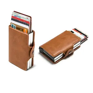 Neues Design Kohle faser Automatische PU-Leder Metall Karten box mit Schnalle Reiß verschluss Herren Brieftasche Kreditkarten halter