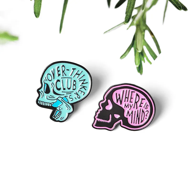 Where is my mind? Custom Enamel Pins Overthink Brooches Lapel Pin Shirt Bag Skeleton Badge Humor hard enamel pin