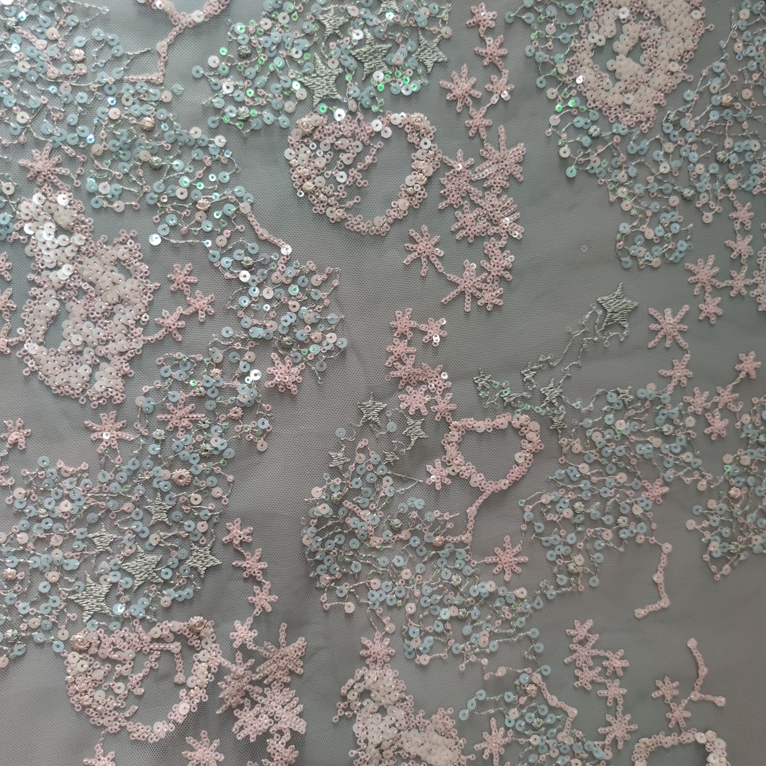 3D babysbreath heart pink blue sequin embroidery bridal lace netting fabric