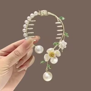 Pince à cheveux tendance en forme de fleur pour queue de cheval, chignon ou <span class=keywords><strong>coiffure</strong></span> bouclée, avec strass en cristal et perles - Product Image 6