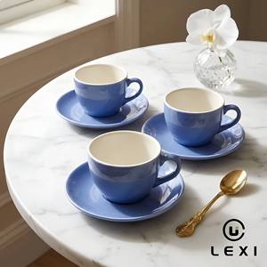 Ensemble de tasses à café et soucoupes en porcelaine fine brillante, 3 pièces, bleu périvinyle, design italien moderne, durable, marque LEXI, pour la maison et l'hôtel - Product Image 1